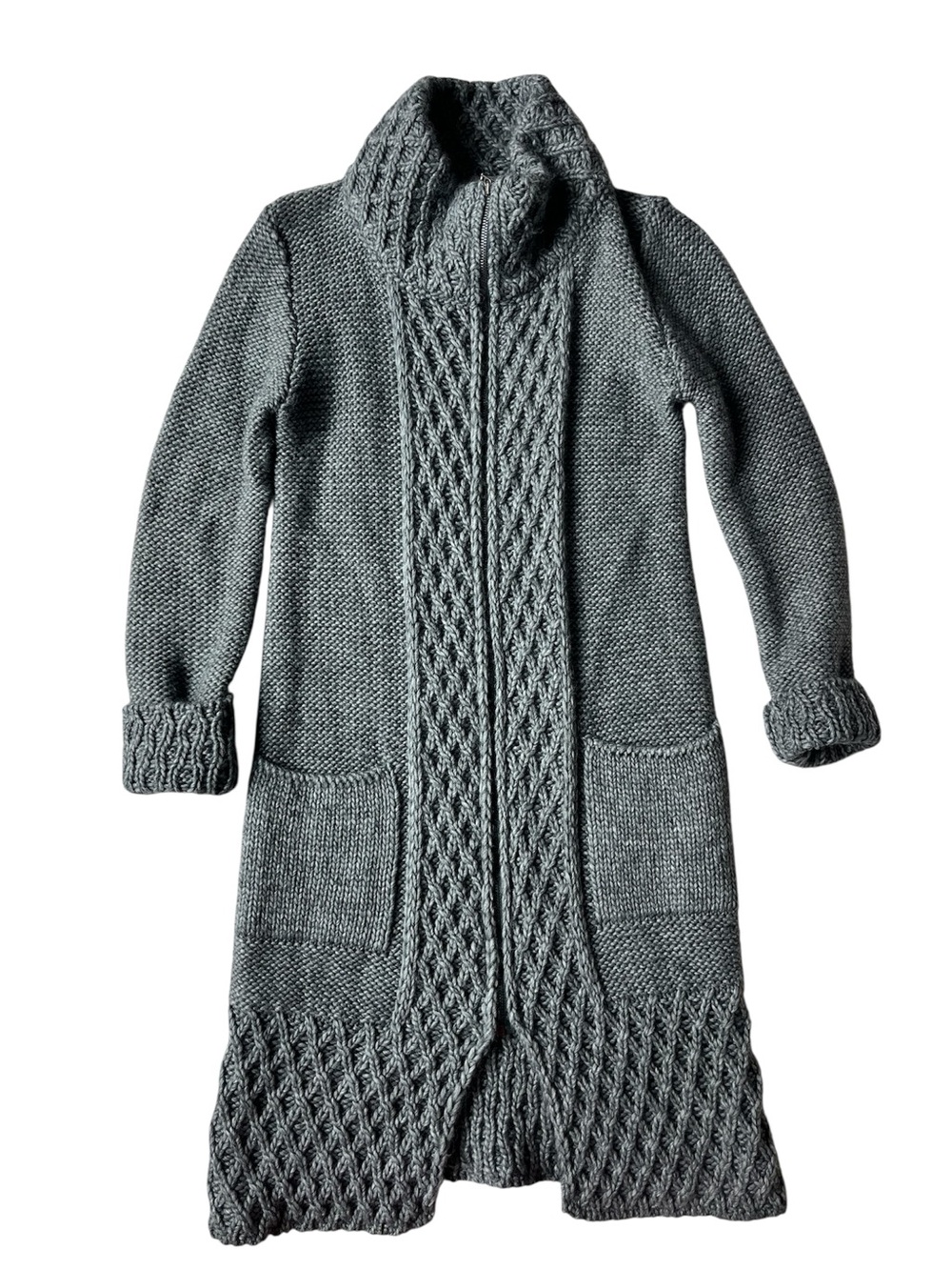 ELSAMANDA GREY LONG KNIT CARDIGAN ZIP UP SWEATER ALPACA WOOL BLEND WOMENS SMALL